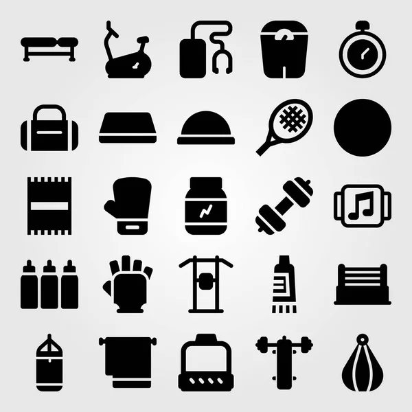 Fitness vector icon set. towel, dumbbell, boxing glove and gym gloves — Stock Vector
