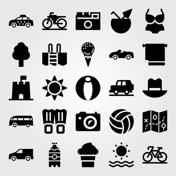 Summertime vector icon set. flippers, tree, sun and car — Stock Vector