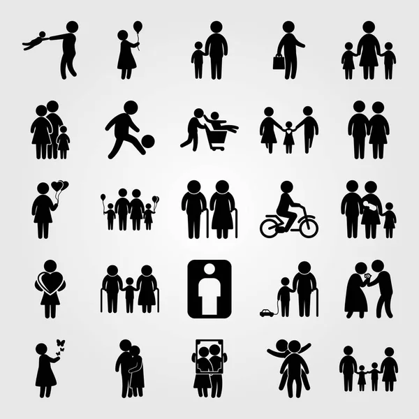 Humans icon set vector. hugging, woman with ballon, baby and man giving flowers — Stock Vector