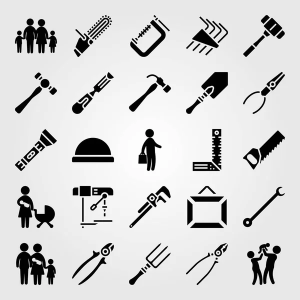 Tools icon set vector. shovel, businessman, children and family — Stock Vector