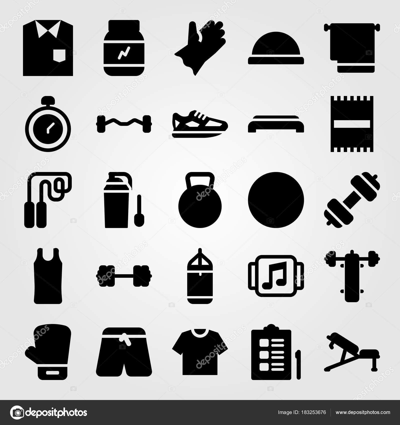 Fitness Vector Icon Set Protein Bench Press Boxing Glove And