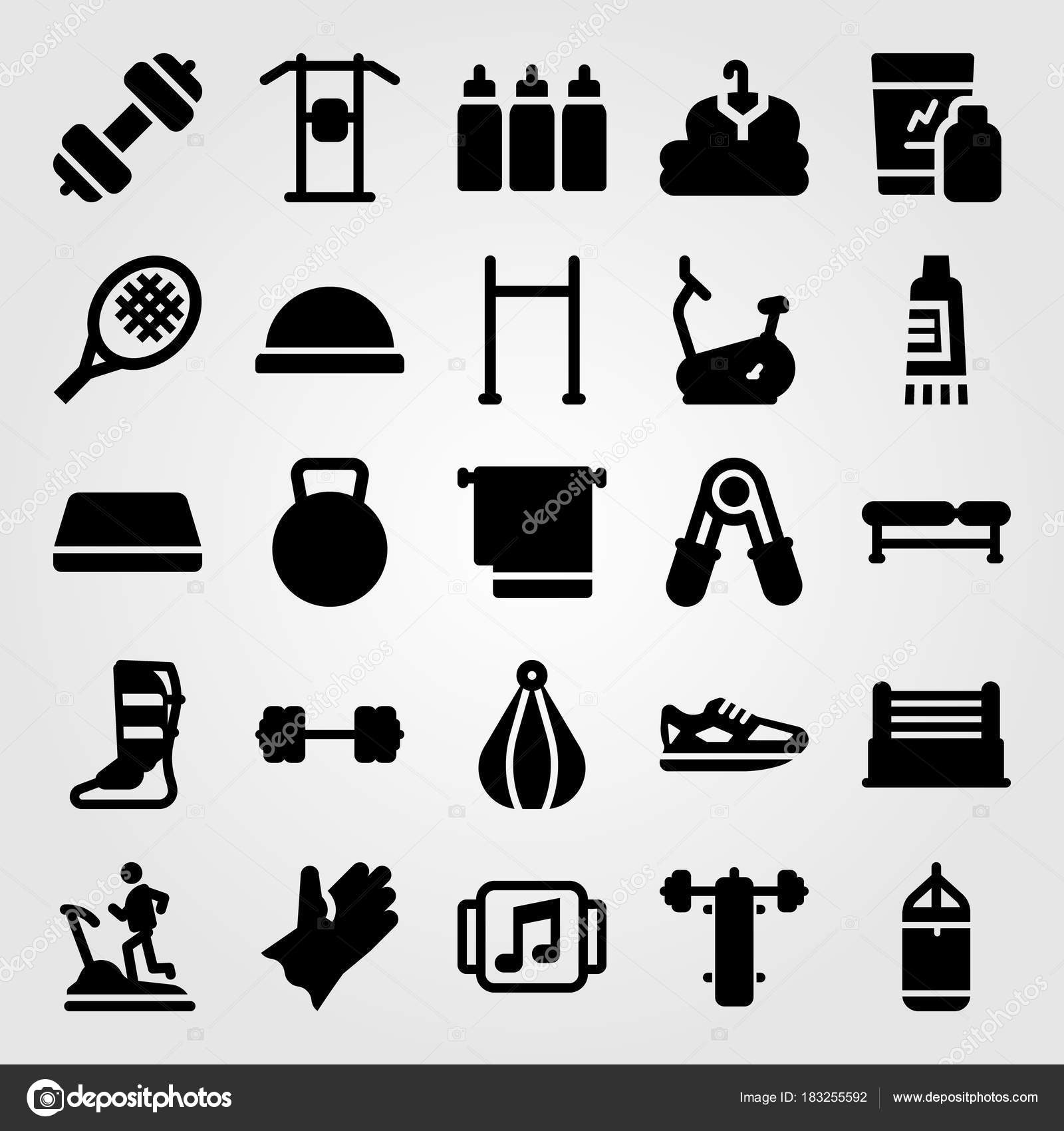 Fitness Vector Icon Set Block Stationary Bike Bench Press And