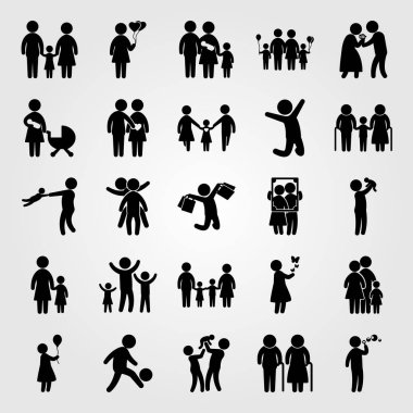 İnsanlar simge vektör ayarlayın. ballon, baba, çıkarmaya ve çanta adamla kadın ile