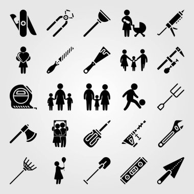 Araçlar simgesi vektör ayarlayın. adam, mala, dolgu macunu silah ve çatal