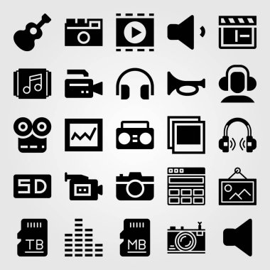 Multimedya vektör Icon set. çalma listesi, trompet, bellek ve analytics