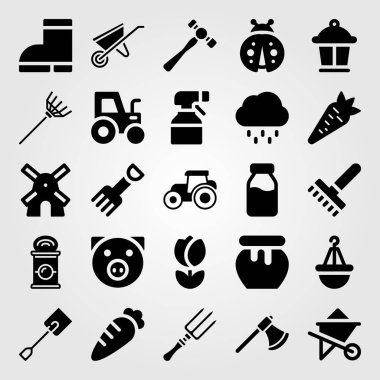 Bahçe simge vektör ayarlayın. havuç, lamba, Komisyon ve traktör