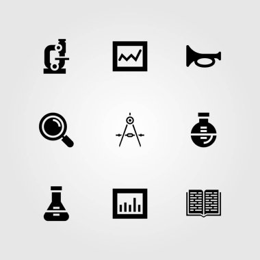 Eğitim vektör Icon set. trompet, analytics, açık kitap ve Büyüteç