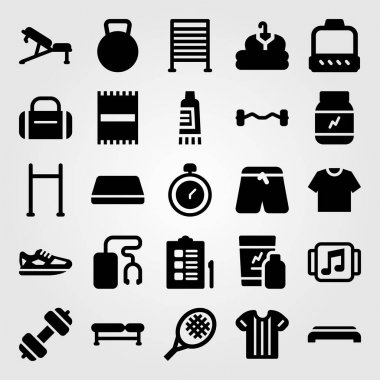 Fitness vektör Icon set. ayakkabılar, spor mat, koşu ayakkabıları ve tezgah