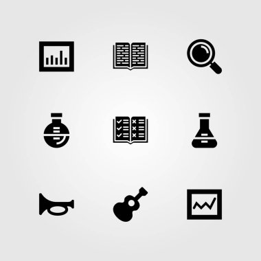 Eğitim vektör Icon set. Analytics, şişesi, açık kitap ve trompet