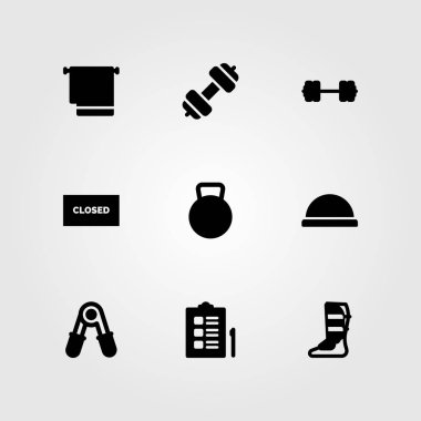 Fitness vektör Icon set. kapalı, bosu topu, halter ve kettlebell