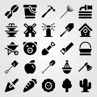 Bahçe simge vektör ayarlayın. Çeşme, whelbarrow, sepet ve komisyon