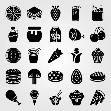 Yiyecek ve içecekler simge vektör ayarlayın. kek, kurabiye, muzlu süt ve tavuk bacak