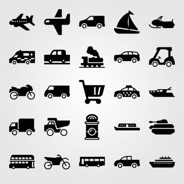 Ulaşım vektör Icon set. Çift katlı otobüs, gemi, kar arabası ve kamyon