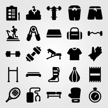 Fitness vektör Icon set. eldiven, yukarı çek bar, tezgah ve kumaş