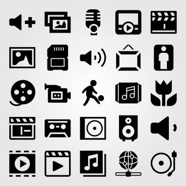 Multimedya vektör Icon set. Internet, mikrofon, hoparlör ve pikap