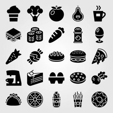 Yiyecek ve içecekler Icon set vektör. yumurta, kahve makinesi, domates ve kahve fincanı