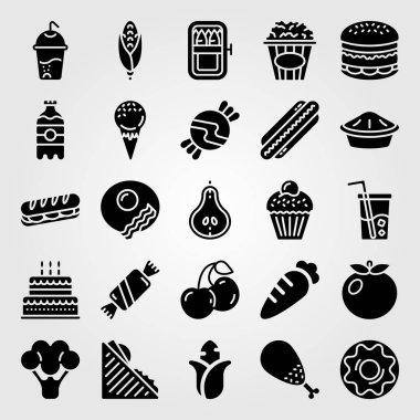 Yiyecek ve içecekler simge vektör ayarlayın. kiraz, pasta, meşrubat ve havuç