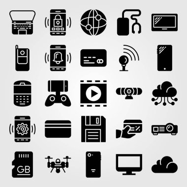 Teknoloji vektör Icon set. bellek, müzik çalar, kredi kartı ve internet