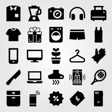 Alışveriş vektör Icon set. Tenis raketi, dizüstü bilgisayar, gömlek ve blender