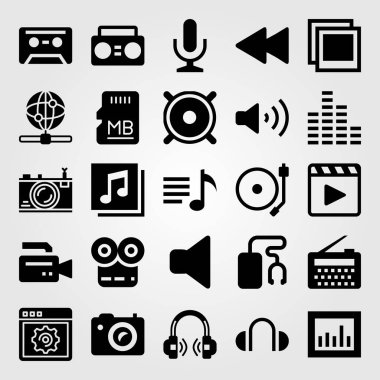 Çoklu ortam simgesini vektör ayarlayın. müzik çalar, radyo, pikap ve fotoğraf kamera