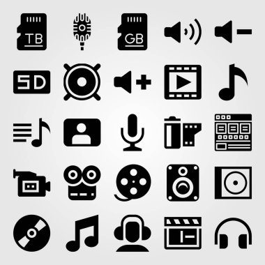 Multimedya vektör Icon set. SD kart, tarayıcı, film oyuncu ve film rulo