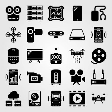 Teknoloji simge vektör ayarlayın. hhd, film oynatıcı, telefon ve cep telefonu