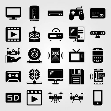 Teknoloji vektör Icon set. TV, televizyon, kaset ve gamepad