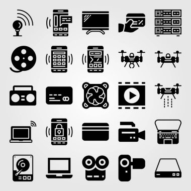 Teknoloji vektör Icon set. Boombox, işaret noktası, soğutucu ve yönlendirici