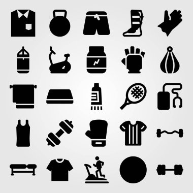 Fitness vektör Icon set. sabit bisiklet, Boks eldiveni, spor salonu eldiven ve Bisiklet