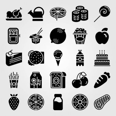 Yiyecek ve içecekler simge vektör ayarlayın. limon, erişte, muzlu süt ve kiraz