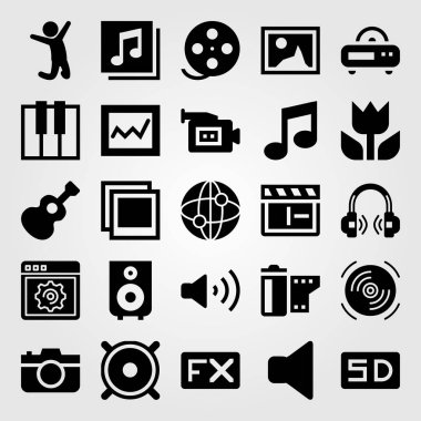 Multimedya vektör Icon set. filmi oynatın, gitar, video kamera ve analytics