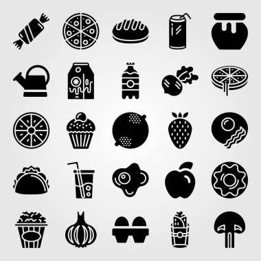 Yiyecek ve içecekler simge vektör ayarlayın. patlamış mısır, süt, yumurta ve kızarmış yumurta