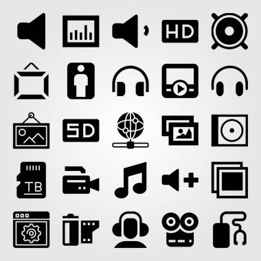 Multimedya vektör Icon set. hoparlör, internet, kulaklık ve video kamera