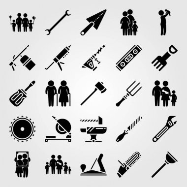 Araçlar simgesi vektör ayarlayın. Balta, portre, sevgi ve Kaynakçı