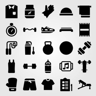 Fitness vektör Icon set. protein, bench press, boks eldiven ve delme bar
