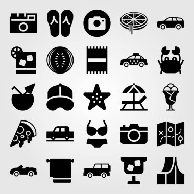 Yaz aylarında vektör Icon set. güneş şemsiyesi, harita, taksi ve spor araba