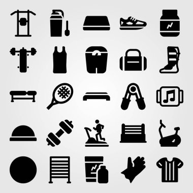 Fitness vektör Icon set. çalışan, shinpad, koşu ayakkabıları ve Bisiklet