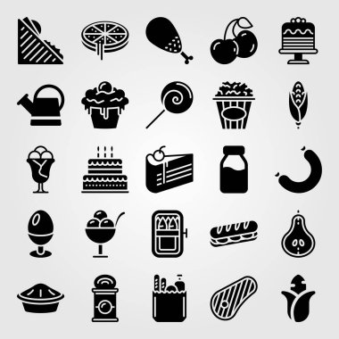 Yiyecek ve içecekler simge vektör ayarlayın. olabilir, doğum günü pastası, yiyecek ve sandviç