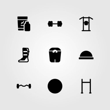 Fitness vektör Icon set. Top, shinpad, çekin ve yukarı çekin bar