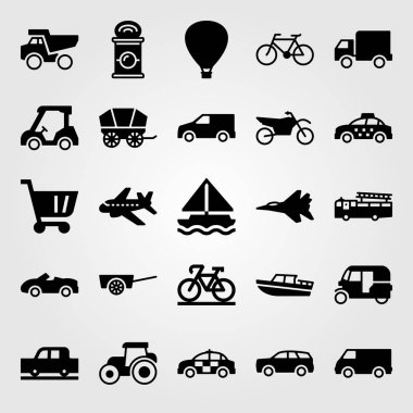 Ulaşım vektör Icon set. sıcak hava balonu, golf, Bisiklet ve Damper
