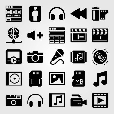 Multimedya vektör Icon set. kulaklıklar, film rulo, fotoğraf makinesi ve nota