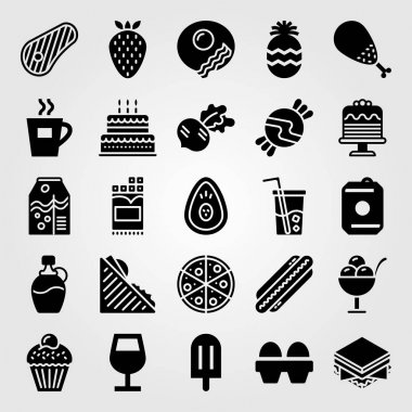 Yiyecek ve içecekler Icon set vektör. doğum günü pastası, kahve Kupası, suyu ve tavuk bacak