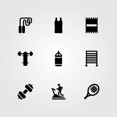 Fitness vektör Icon set. koşu bandı, spor gömlek, delme ve gömlek