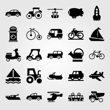 Ulaşım vektör Icon set. Karmobil, tramvay, traktör ve roket