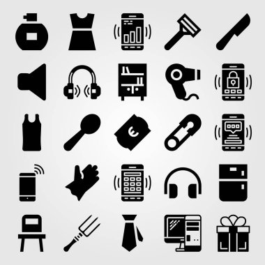 Alışveriş vektör Icon set. bıçak, Hediyelik, sandalye ve çengelli iğne