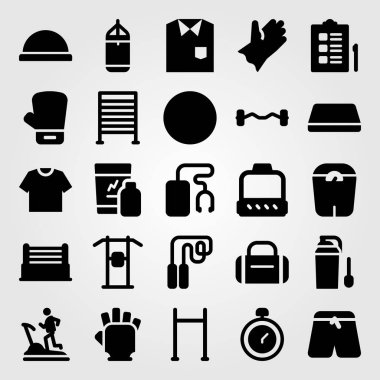 Fitness vektör Icon set. Shakes, koşu bandı, Yüksel bar ve halter