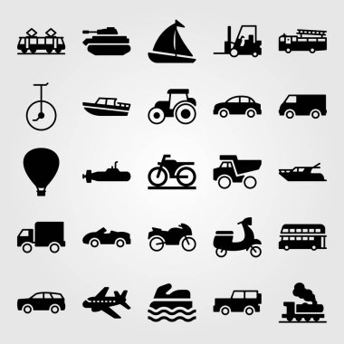 Ulaşım vektör Icon set. Spor motor, sıcak hava balonu, yangın kamyon ve Çift katlı otobüs