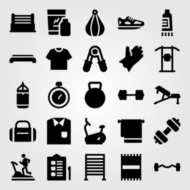 Fitness vektör Icon set. top bar, halter ve pazı dumbbell delme, Delme