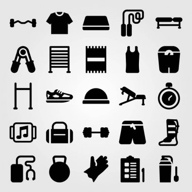 Fitness vektör Icon set. koşu ayakkabıları, çalıştıran, spor gömlek ve mat