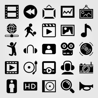 Çoklu ortam simgesini vektör ayarlayın. adam, geri sarma, analytics ve kompakt disk